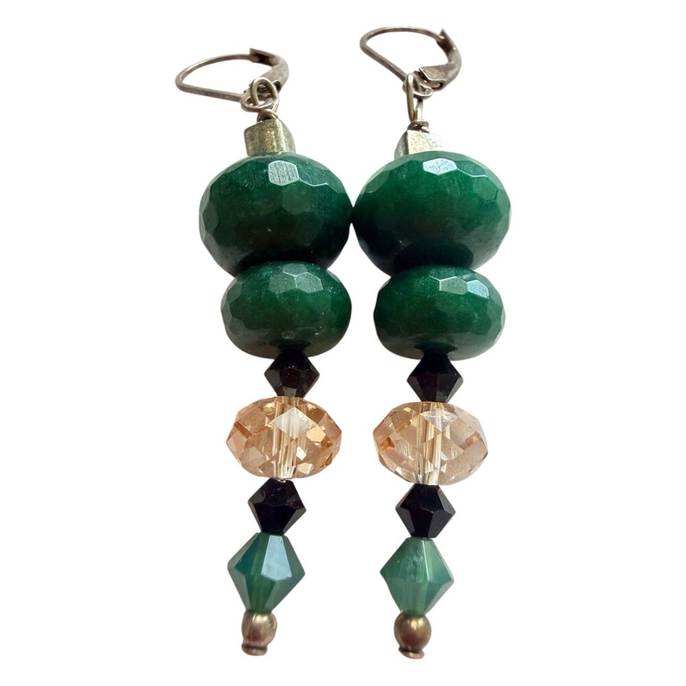 925 Sterling Silver Emerald Green Beaded Dangle Earrings Vintage Leverback Drop